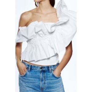 Zara Ruffle One Shoulder Poplin Asymmetric Top Smocked Back in white size small